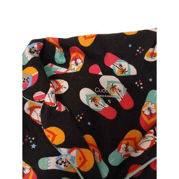 Cuddl Duds Pajama Top Shorts Set Womens Sz S Black Tropical Flip Flops Floral - Picture 6 of 12